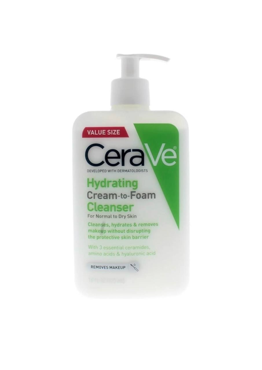 Cerave Hydrating Cream-to-Foam Cleanser FOR NORMAL TO DRY SKIN 473ml سيرافي غسول مرطب من كريم الى رغوة الاصدار الفرنسي