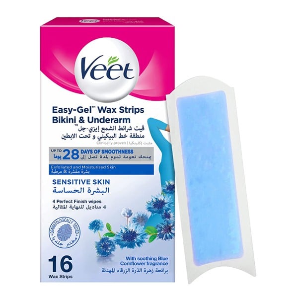 VEET Easy-Gel" Wax Strips Bikini & Underarm  شرائح الشمع لمنطقة البكيني وتحت الابطين للبشرة الحساسة