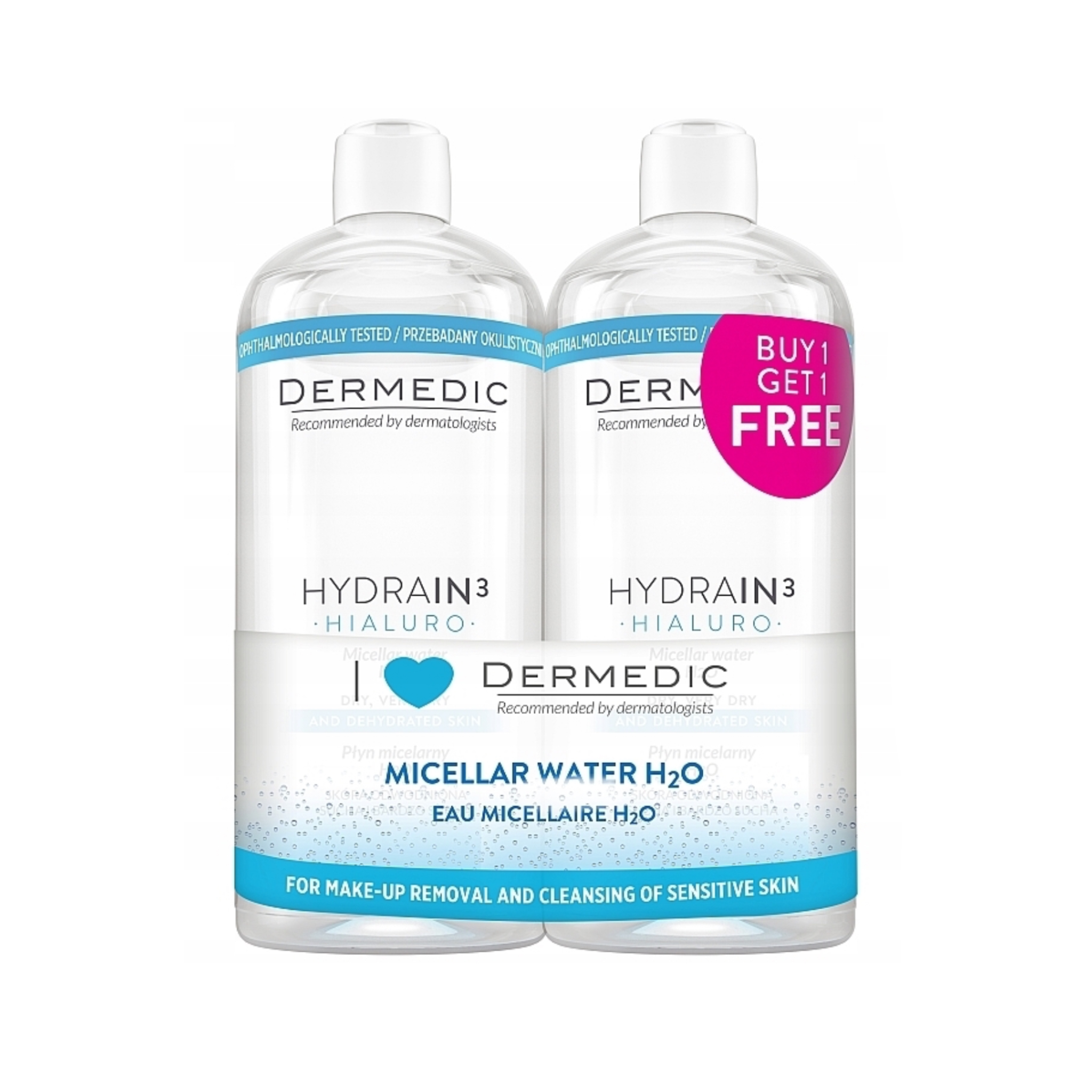 Dermedic Hydrain 3(micelar/2*500ml) 1+1 free ديرميدك ميسيلار مزيل مكياج بعرض خاص1+1