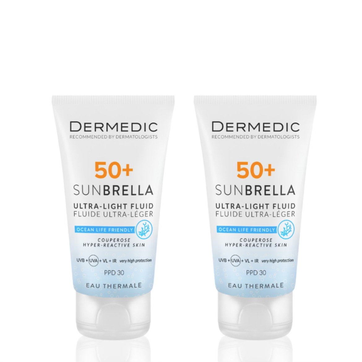 DERMEDIC SUNBRELLA ULTRA LIGHT FLUID COURPOSE HYPER-REACTIVE SKIN 1+1 Free 40 ML ديرمدك واقي شمس فلود بعرض قطعة + قطعة مجاناً
