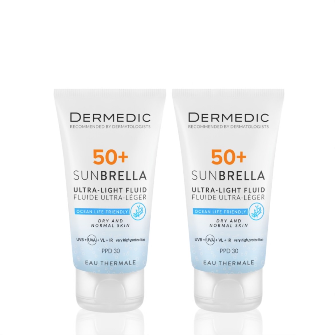 DERMEDIC SUNBRELLA ULTRA-LIGHT SPF 50+ FLUID DRY AND NORMAL SKIN, 40 ML 1+1 Free 40 ML ديرمدك واقي شمس فلود للبشرة الجافة والعادية بعرض قطعة + قطعة مجاناً