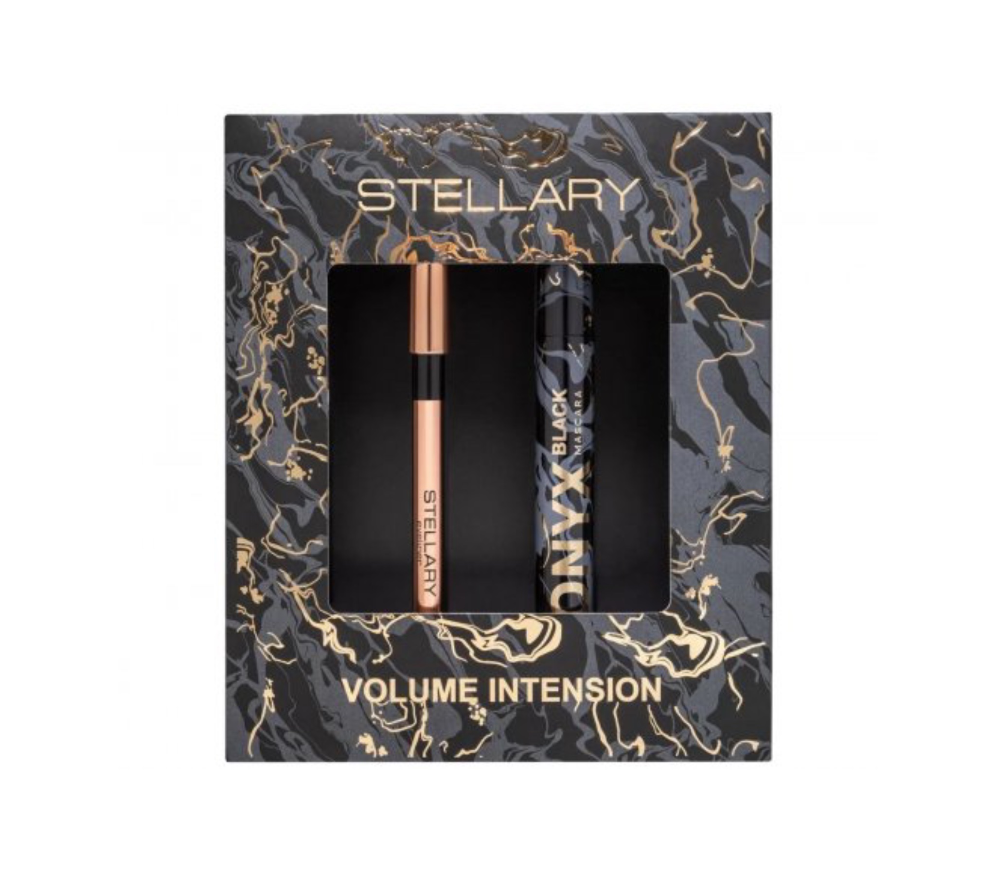 STELLARY Set Volume Intension Mascara Black Onyx+Eye Pencil 04 ماسكارا ستيلاري سيت فوليوم إنتنسيون بلاك أونيكس + قلم تحديد العيون
