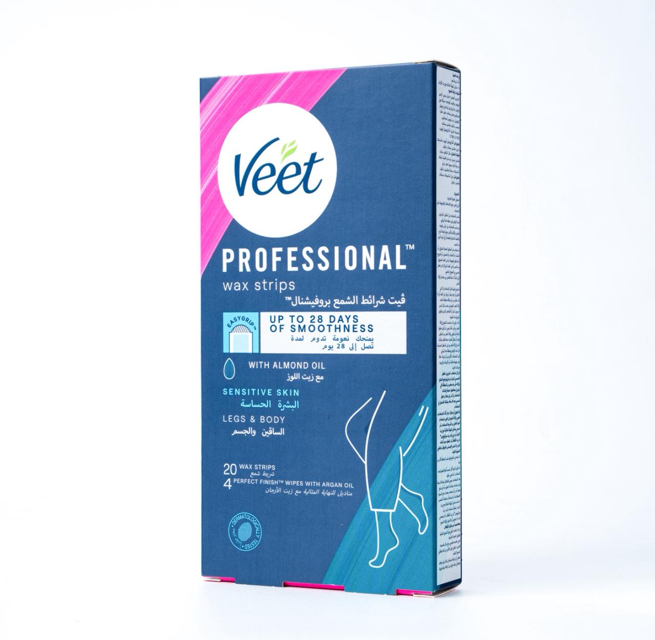VEET PROFESSIONAL Wax Strips Sensitive Skin Legs & Body  فيت بروفيشنال شرائح الشمع للبشرة الحساسة والساقين والجسم