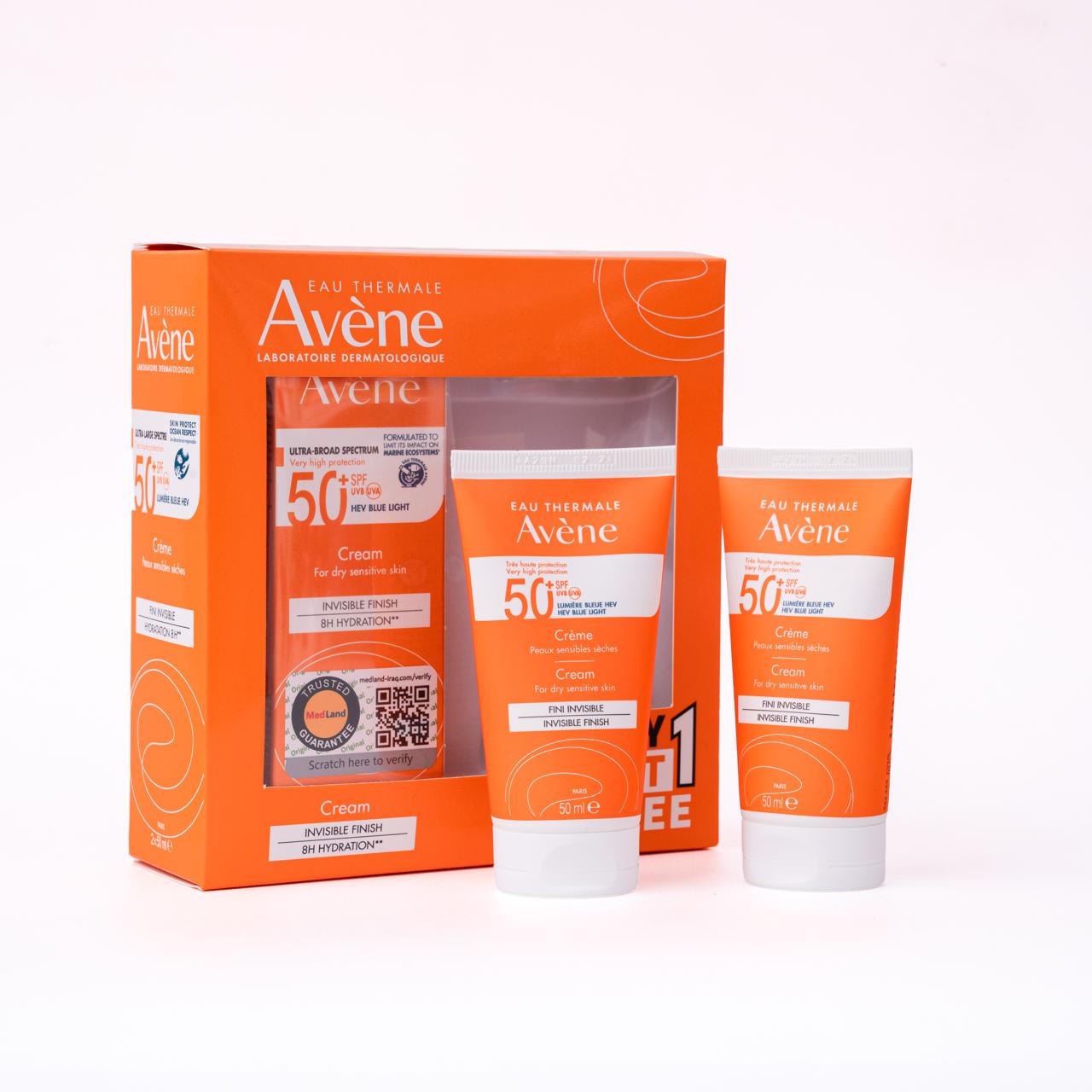 AVÈNE VERY HIGH PROTECTION CREAM SPF50+ FOR DRY SENSITIVE SKIN BUY GET FREE 1+1 أڤين بگج واقي شمس واحد + واحد مجاناً