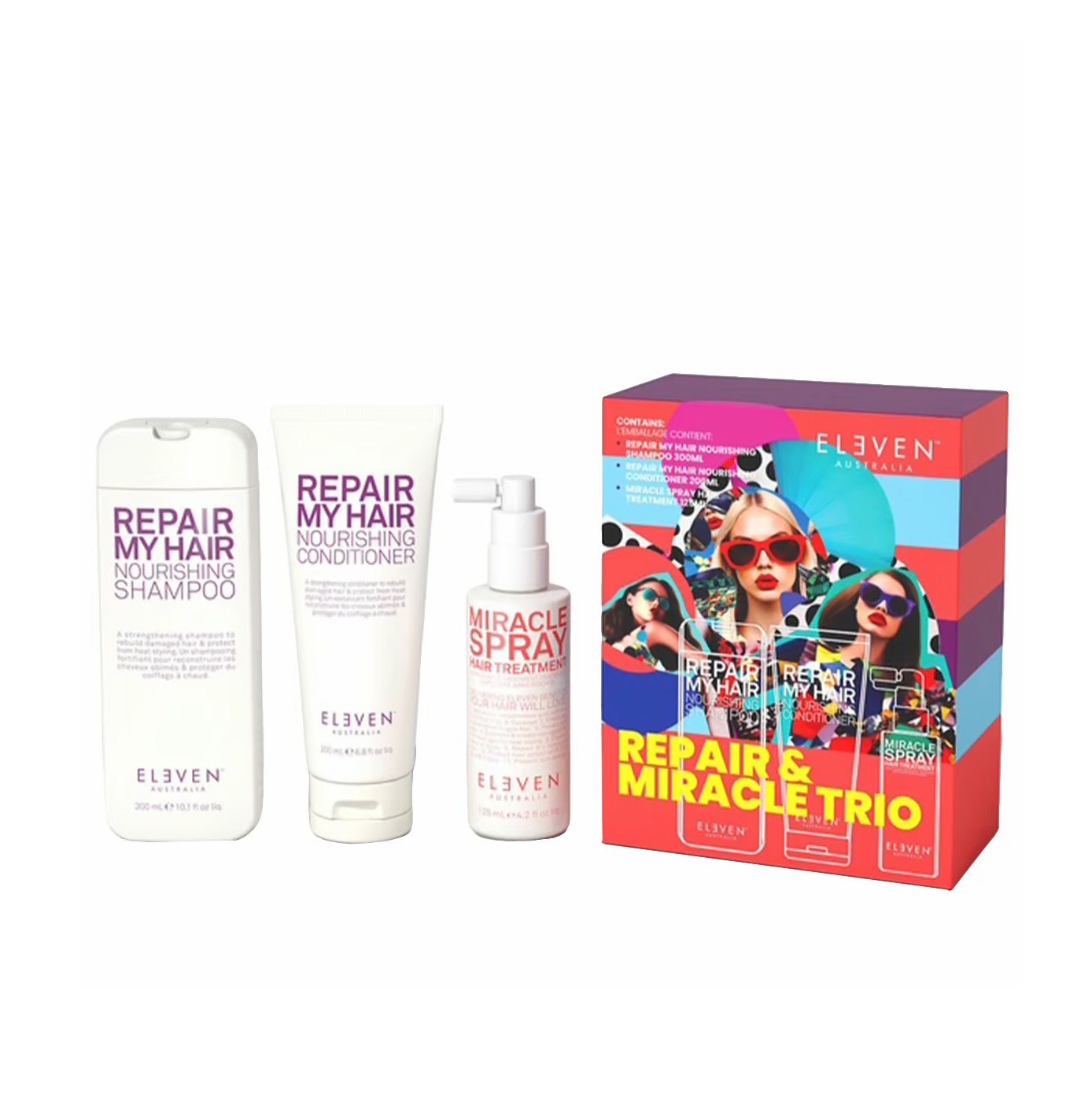 ELEVEN Repair & miracle Trio Hair Care Set For woman ( 300ml+200ml+125ml ) ايليفن مجموعة العناية بالشعر الثلاثية المُرممة للنساء