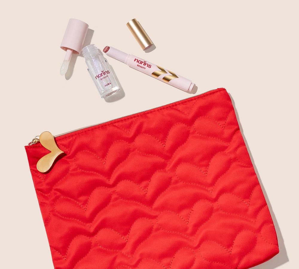 NARINS BEAUTY THE LIP GLOW DUO (AURA Cooling Lip Gloss + BUN BUN Lip Jelly Tint (Glazed) + BUN BUN Red Pouch) نارين بيوتي حقيبة مكياج للنساء