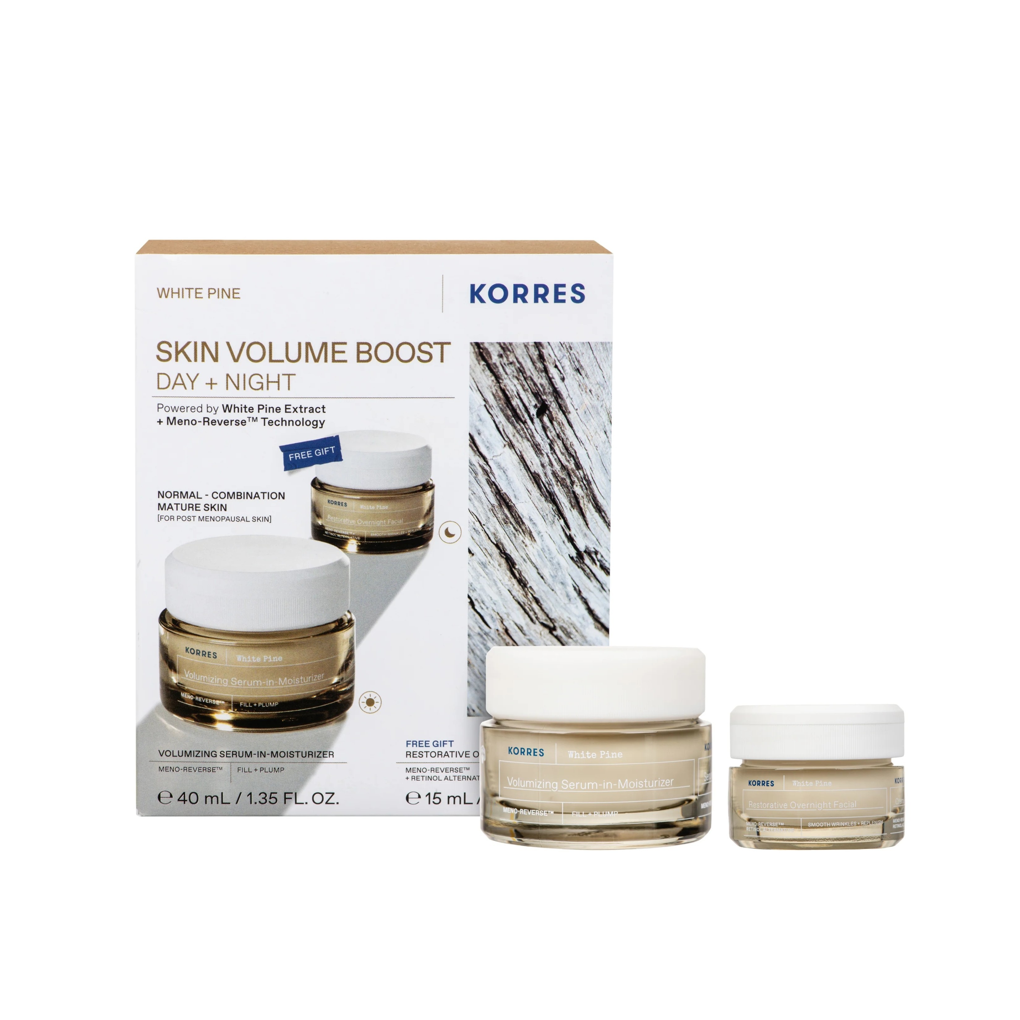 KORRES White Pine Skin Volume Boost Skincare Set for Normal to Combination Mature Skin (Moisturizer 40ml + Sleeping Facial 15ml)  كوريس مجموعة العناية بالبشرة بخلاصة الصنوبر الابيض مناسبة للبشرة العادية إلى المختلطة