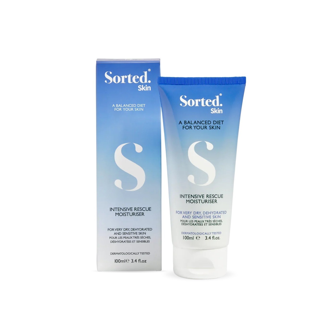 SORTED SKIN INTENSIVE RESCUE MOISTURISER FOR VERY DRY, DEHYDRATED AND SENSITIVE SKIN 100ml  سورتيد سكن مرطب مغذي ومجدد للجسم للبشرة شديدة الجفاف والمتشققة والحساسة