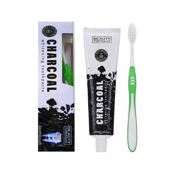 BEAUTY FORMULAS Whitening Toothpaste Charcoal 100ml + toothbrush  بيوتي فورملا معجون اسنان مبيض بالفحم مع فرشاة اسنان