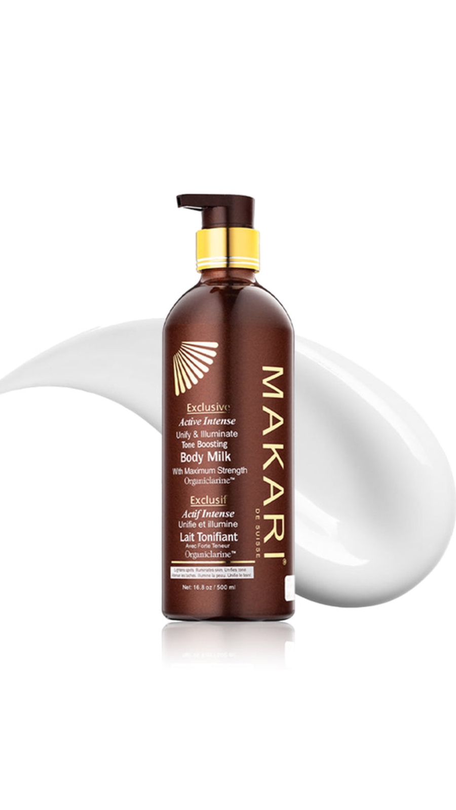 MAKARI DE SUISSE EXCLUSIF ACTIF INTENSE UNIFIE ET ILLUMINE LAIT TONIFIANT 500ml ماكاري حليب مفتح وموحد للون الجسم