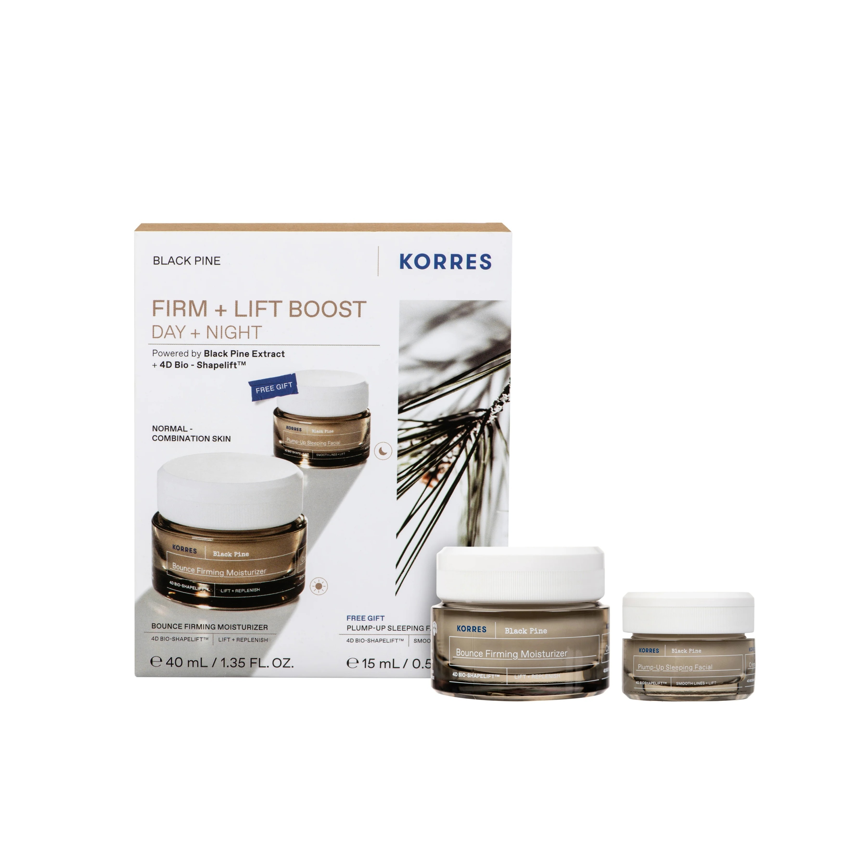 KORRES Black Pine Firm + Lift Boost Skincare Set for Normal to Combination Skin (Moisturizer 40ml + Sleeping Facial 15ml)  كوريس مجموعة العناية بالبشرة مناسبة للبشرة العادية إلى المختلطة