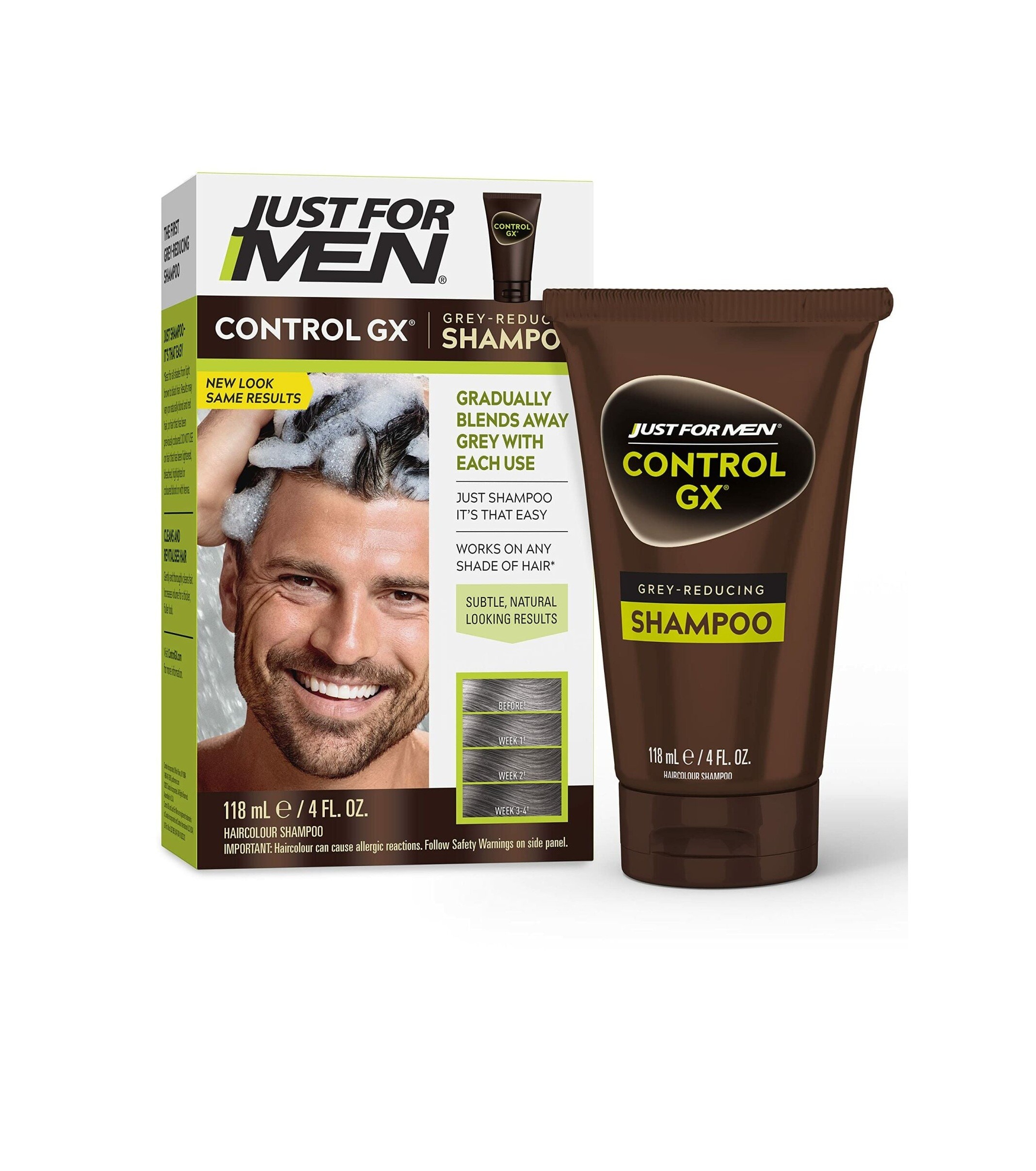 JUST FOR MEN Control GX Gray Reduction Gradually Colors Hair Daily Shampoo 118 ml جست فور مين شامبو كونترول جي إكس اليومي لتقليل الشيب