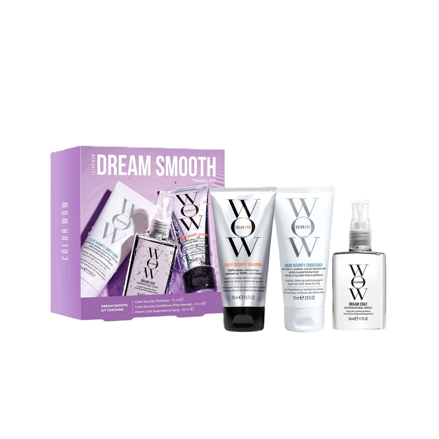 COLOR WOW Dream Smooth Travel Kit (75ml + 50ml + 75ml)  كولور واو مجموعة العناية بالشعر المصبوغ تعمل على تقليل بهتان اللون وتحسين حيويته ولمعانه