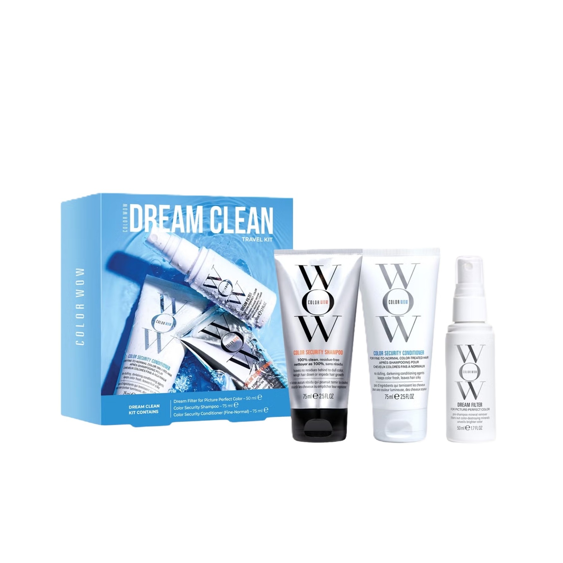 COLOR WOW Dream Clean Travel Kit (75ml + 50ml + 75ml)  كولور واو مجموعة العناية بالشعر المصبوغ لتجديده وحمايته وتغذيته