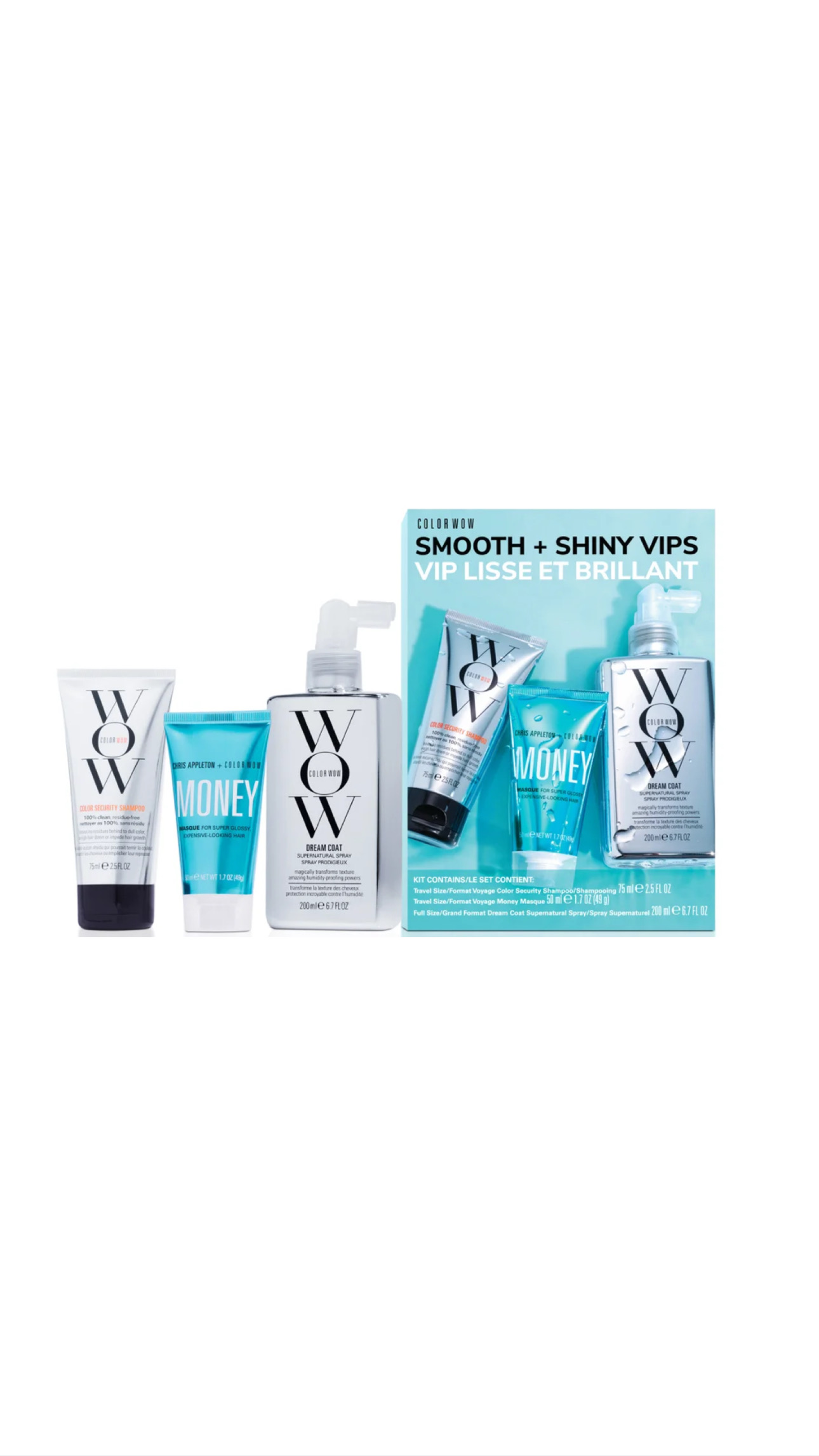 COLOR WOW SMOOTH + SHINY VIPS KIT (200ml,75ml,50ml) كولور واو مجموعة متكاملة للعناية بالشعر