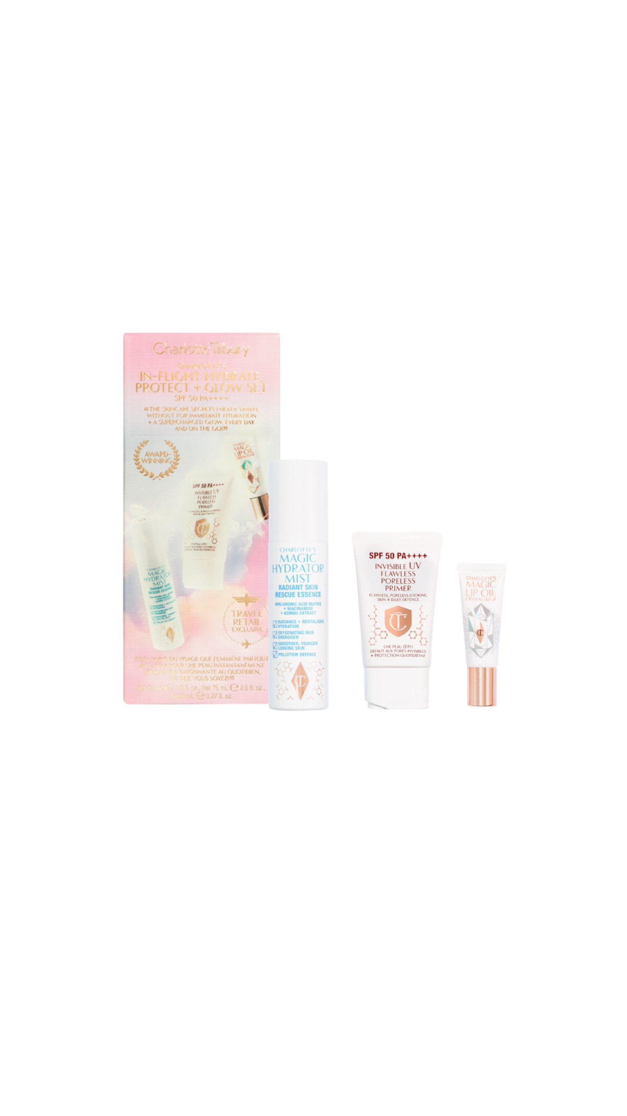 CHARLOTTE TILBURY IN-FLIGHT HYDRATE PROTECT + GLOW SET (75ml,30ml,8ml) تشارلوت تلبري مجموعة مصغرة للعناية بالبشرة