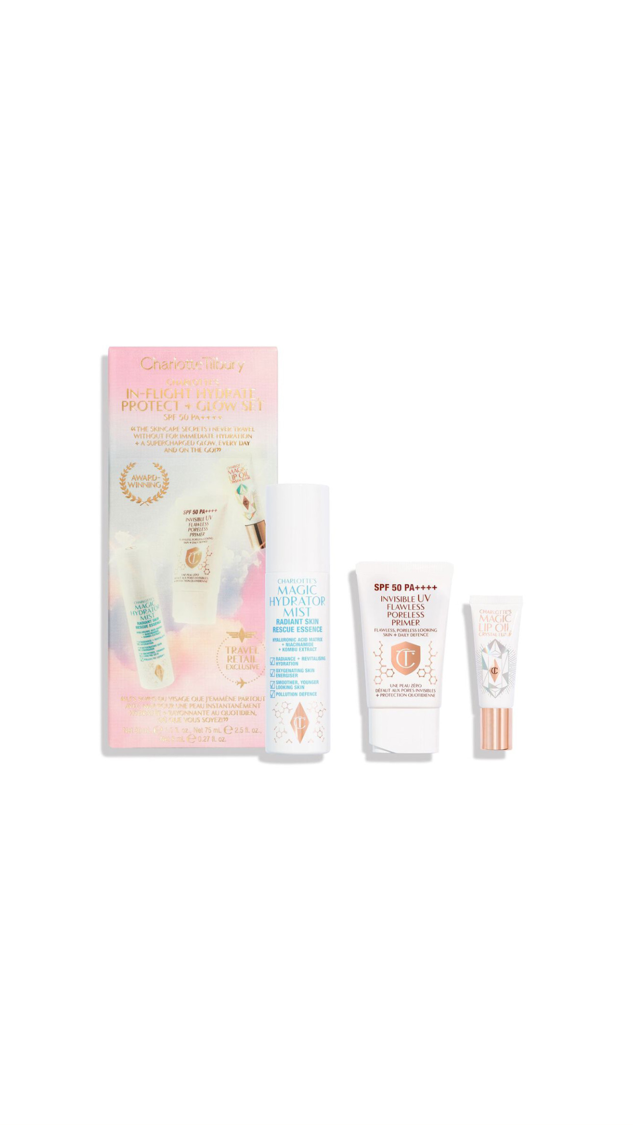 CHARLOTTE TILBURY IN-FLIGHT HYDRATE PROTECT + GLOW SET (75ml,30ml,8ml) تشارلوت تلبري مجموعة مصغرة للعناية بالبشرة