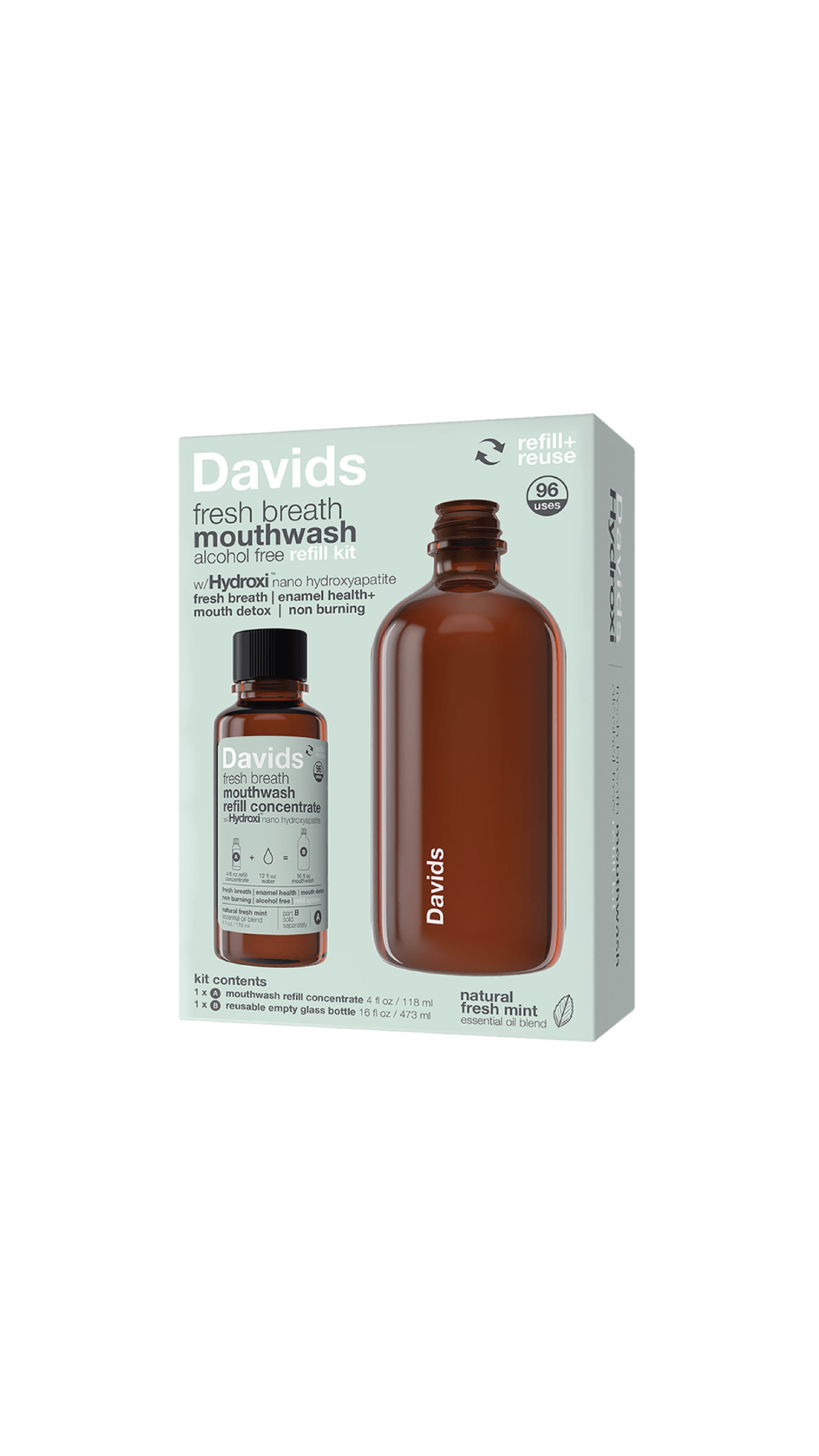 (DAVIDS HYDROXI FRESH BREATH MOUTHWASH ALCOHOL FREE REFILL KIT (473ml ،118ml ديڤيدز مجموعة العناية بالفم والاسنان مع عبوة قابلة لإعادة التعبئة