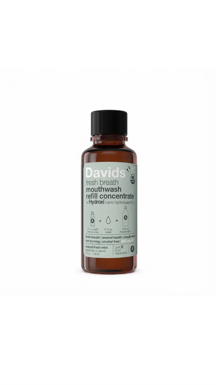 DAVIDS FRESH BREATH MOUTHWASH REFILL CONCENTRATE W/HYDROXI NANO HYDROXYAPATITE 118ml ديڤيدز غسول فم مركز برائحة النعناع المنعشة