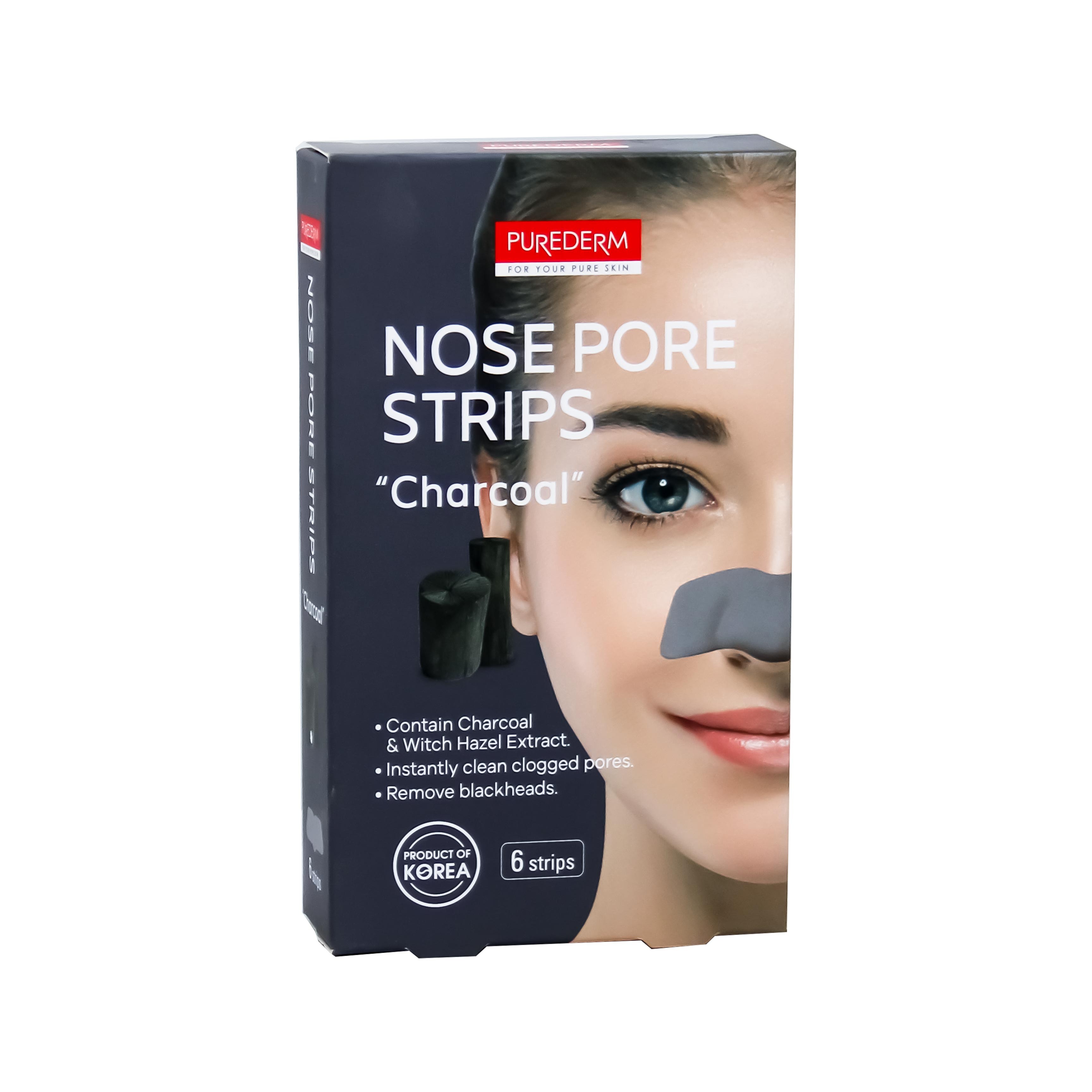 PUREDERM Pore Nose Strips - CHARCOAL (6 strips) بيو دريم ماسكات ازالة شوائب و تنظيف مسام الانف بالفحم