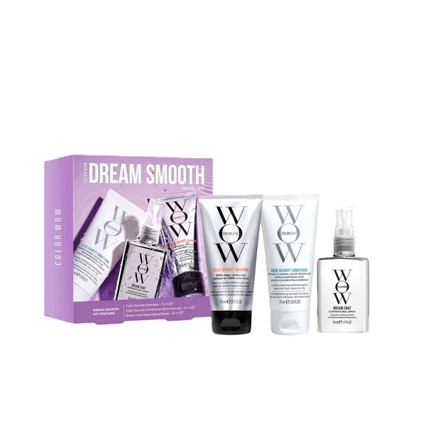 COLOR WOW Dream Smooth Travel Kit (75ml + 50ml + 75ml)  كولور واو مجموعة العناية بالشعر المصبوغ تعمل على تقليل بهتان اللون وتحسين حيويته ولمعانه