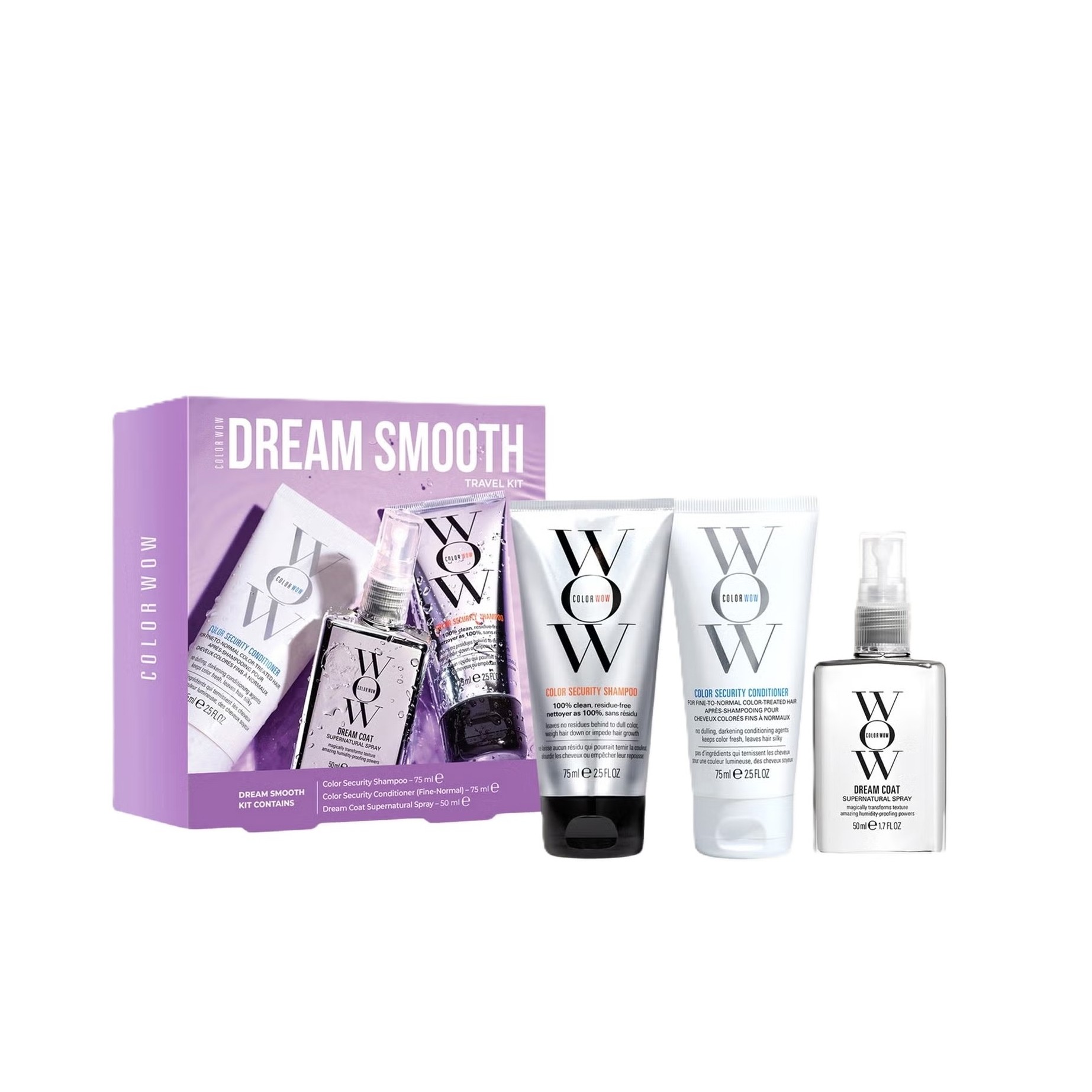COLOR WOW Dream Smooth Travel Kit (75ml + 50ml + 75ml) كولور واو مجموعة العناية بالشعر المصبوغ تعمل على تقليل بهتان اللون وتحسين حيويته ولمعانه