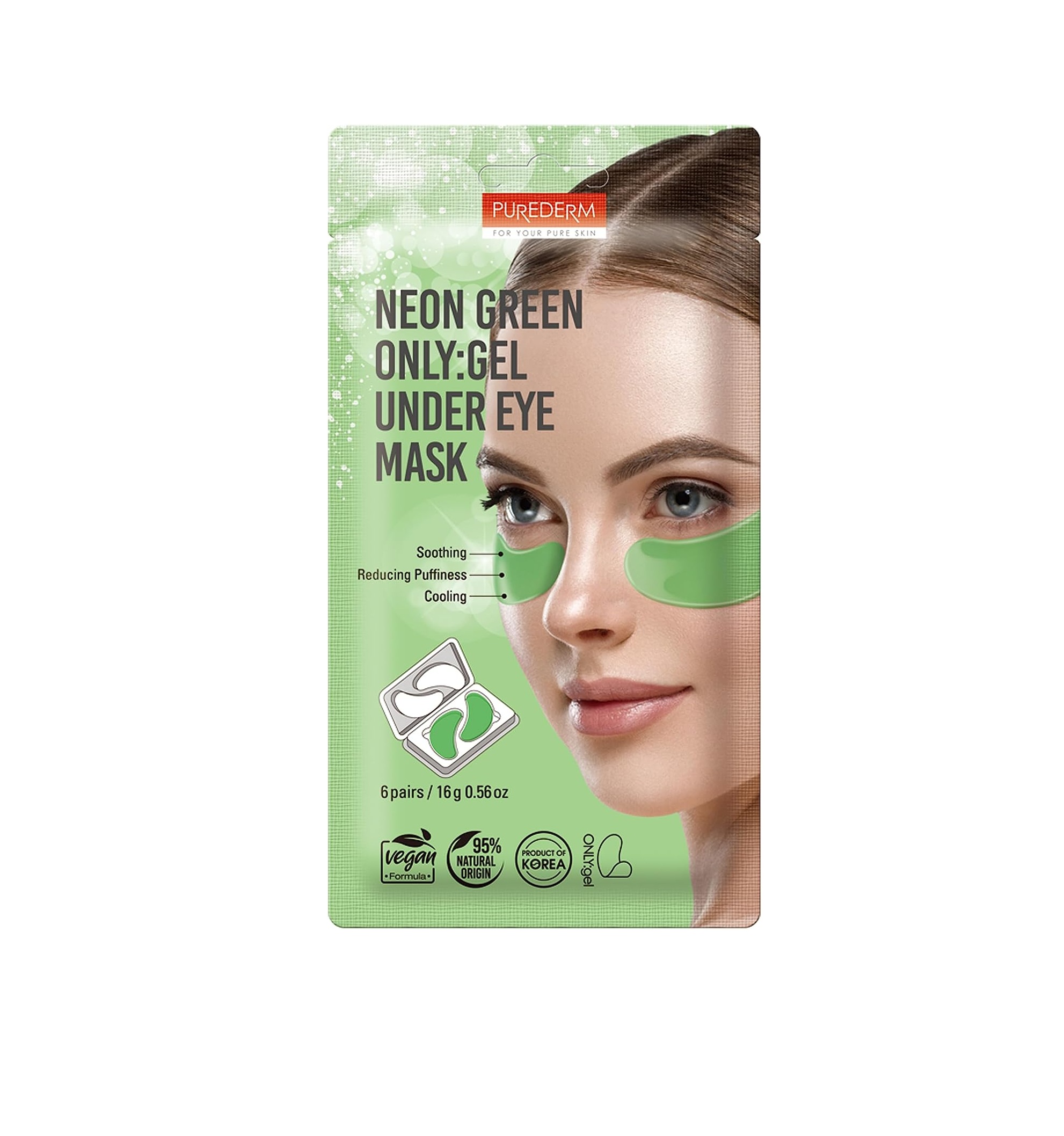 PUREDERM Neon Green Only Gel Under Eye Mask 6-pairs 16g بيورديرم قناع جل للعينين غني بالألوفيرا رطب وتهدئ وتنعش منطقة تحت العين