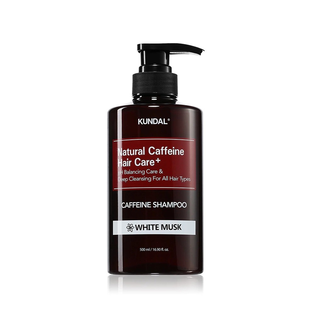 KUNDAL Natural Caffeine Hair Care + Caffeine Shampoo White Musk 500ml  كوندال شامبو برائحة المسك الابيض يقلل التساقط ينظف فروة الرأس ويقوي الشعر