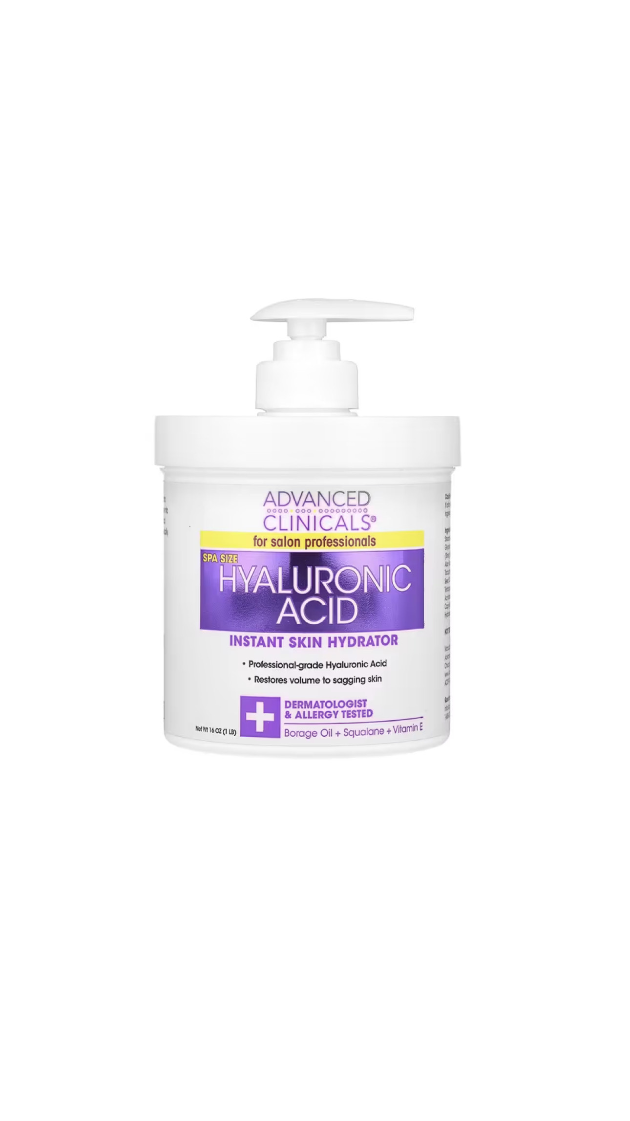 ADVANCED CLINICALS HYALURONIC ACID INSTANT SKIN HYDRATOR 454g  أدفانسد كلينيكالز مرطب للجسم والوجه واليدين