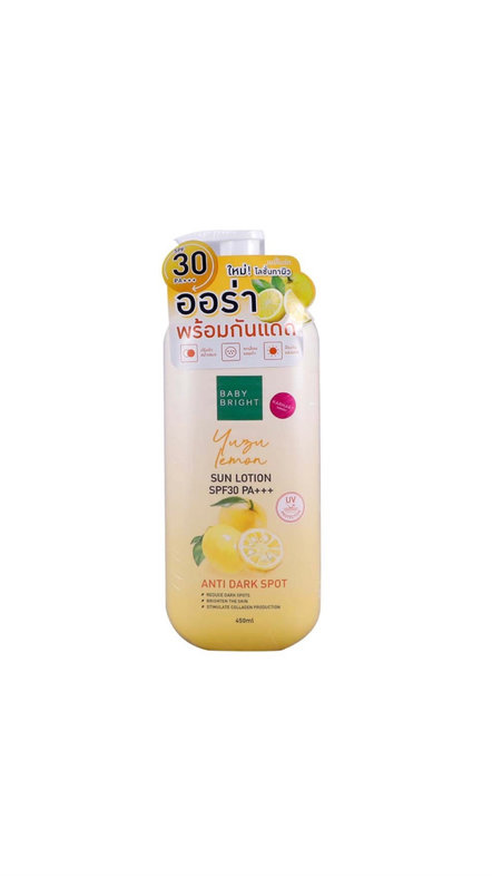 BABY BRIGHT YUZU LEMON SUN BADY LOTION SPF30 PA+++ 450ml بيبي برايت لوشن للجسم مكافح للبقع الداكنة بعامل حماية من الشمس