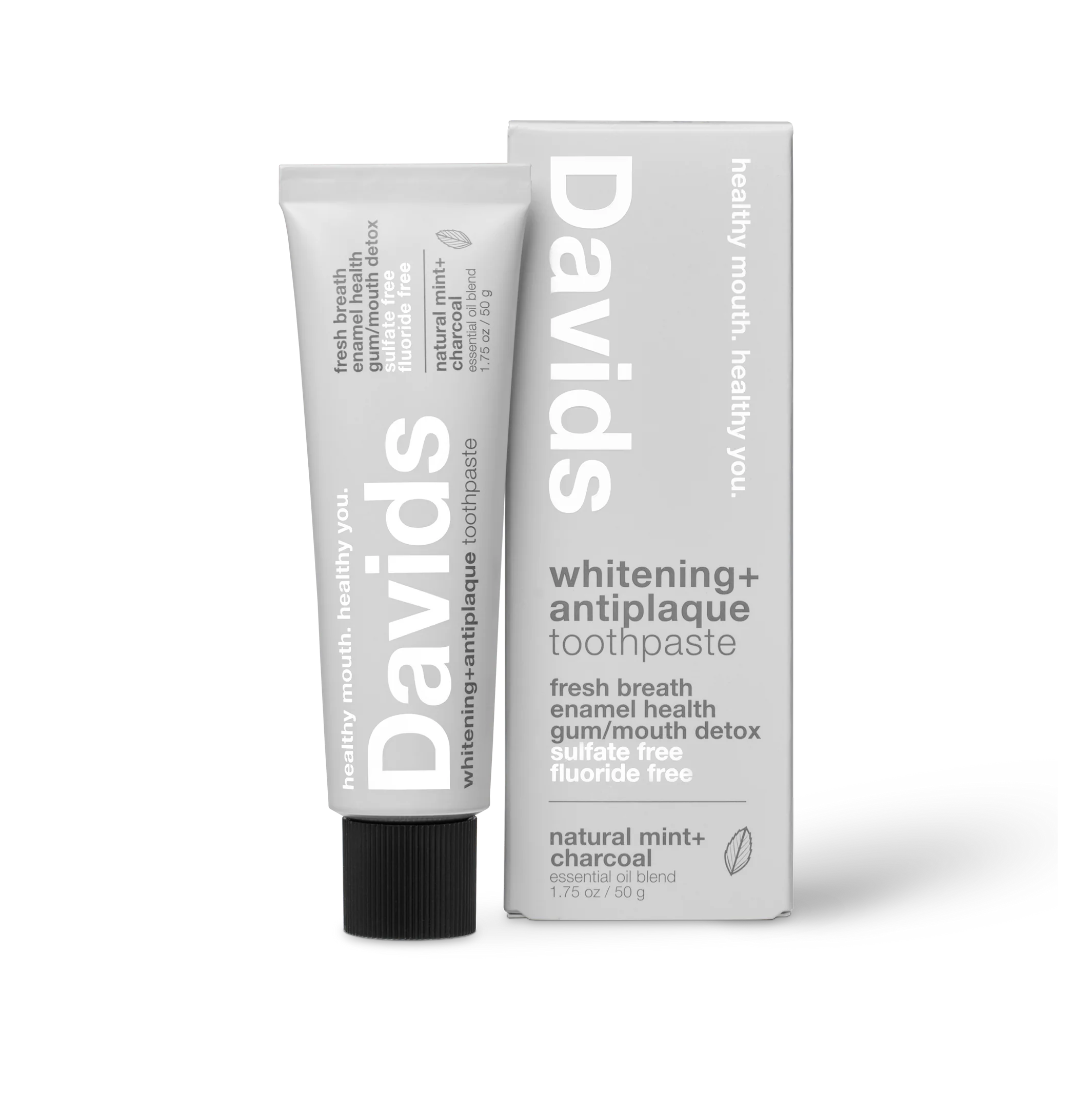 Davids Whitening + Anti-plaque Toothpaste With Natural Mint + Charcoal 50g ديفدز معجون اسنان يجمع بين قوة الفحم النشط لتبييض الأسنان وإزالة الروائح