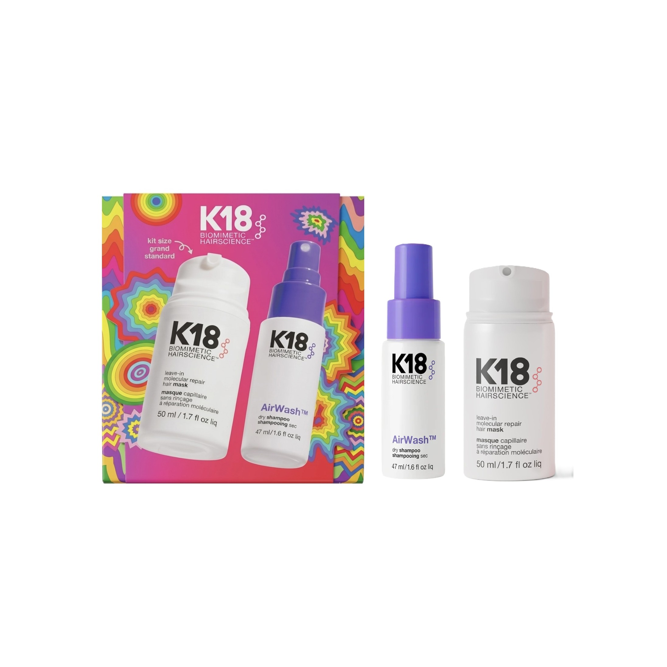 K18 Biomimetic Hairscience Leave-In Hair Mask & AirWash Dry Shampoo Duo SET (50ml + 47ml) مجموعة العناية بالشعر