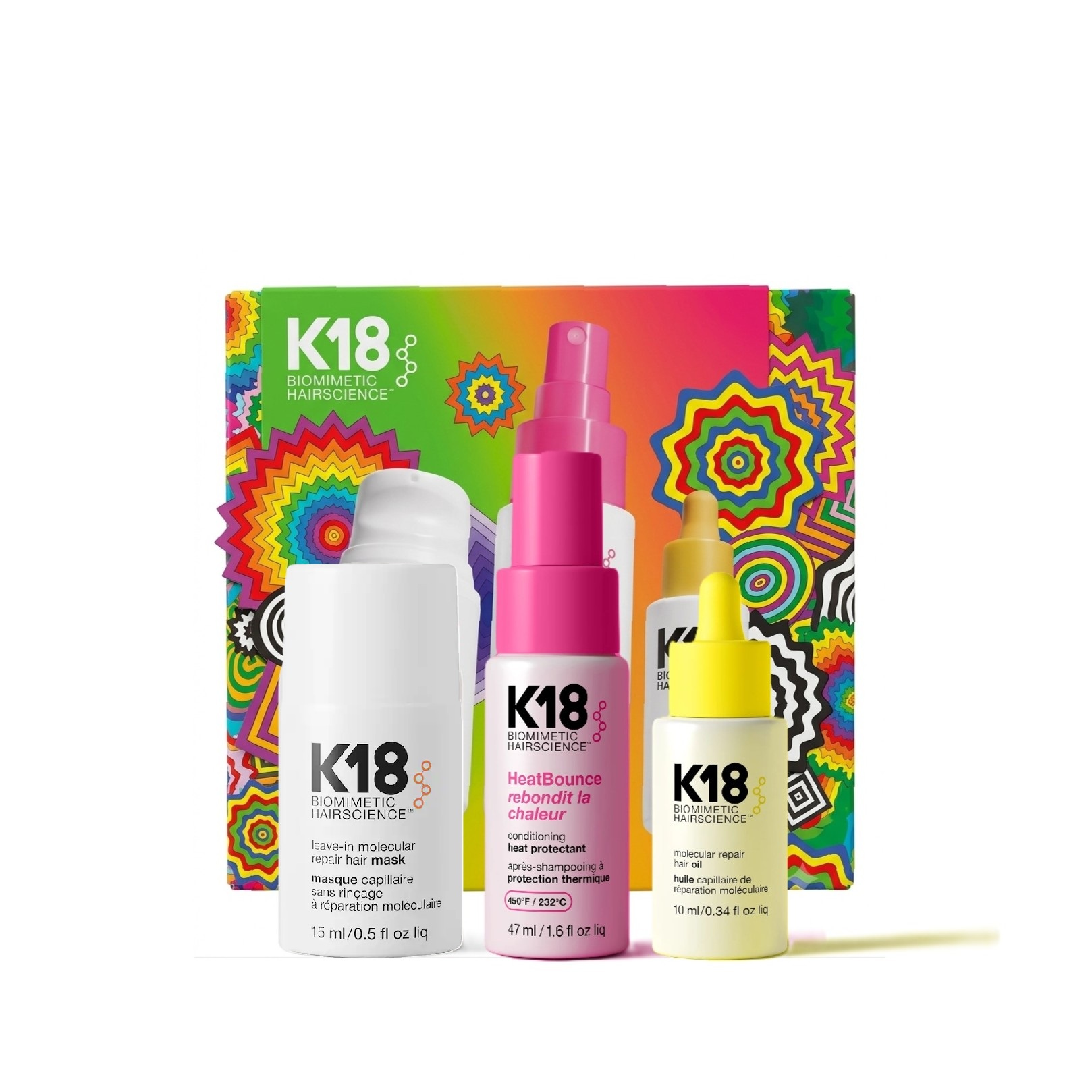 K18 Biomimetic Hairscience Leave-In Repair Hair Mask & HeatBounce & Molecular Repair Hair Oil (15ml+47ml+10ml) مجموعة العناية بالشعر