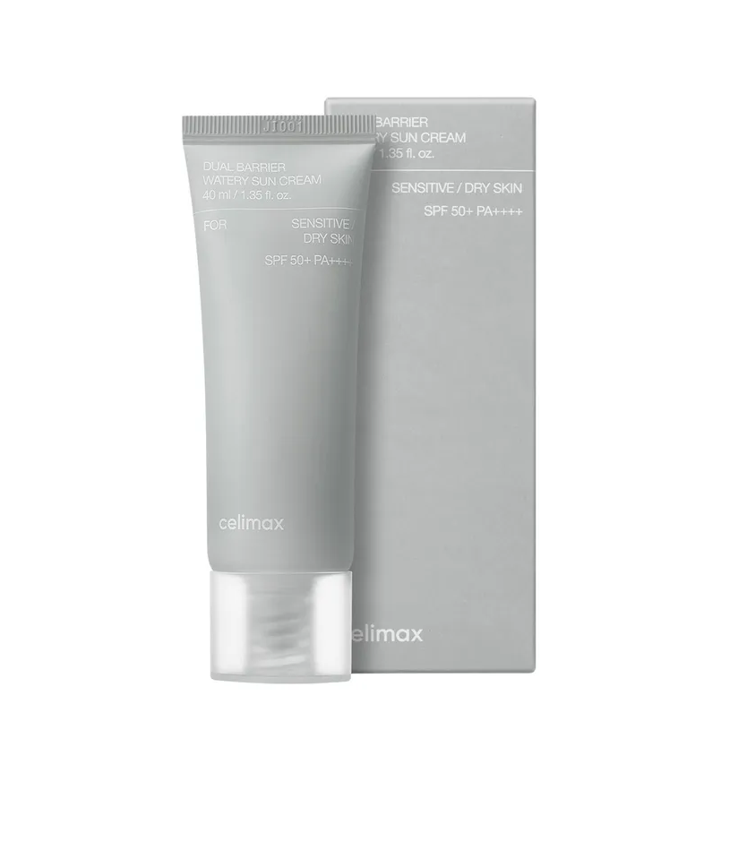 CELIMAX Dual Barrier Watery Sun Cream For Sensitive Dry Skin 40ml سيليماكس كريم واقي من اشعة الشمس يرطب البشرة الجافة، يقوي حاجزها بالسيراميدات، ويحميها بلمسة خفيفة للبشرة الجافة و الحساسة