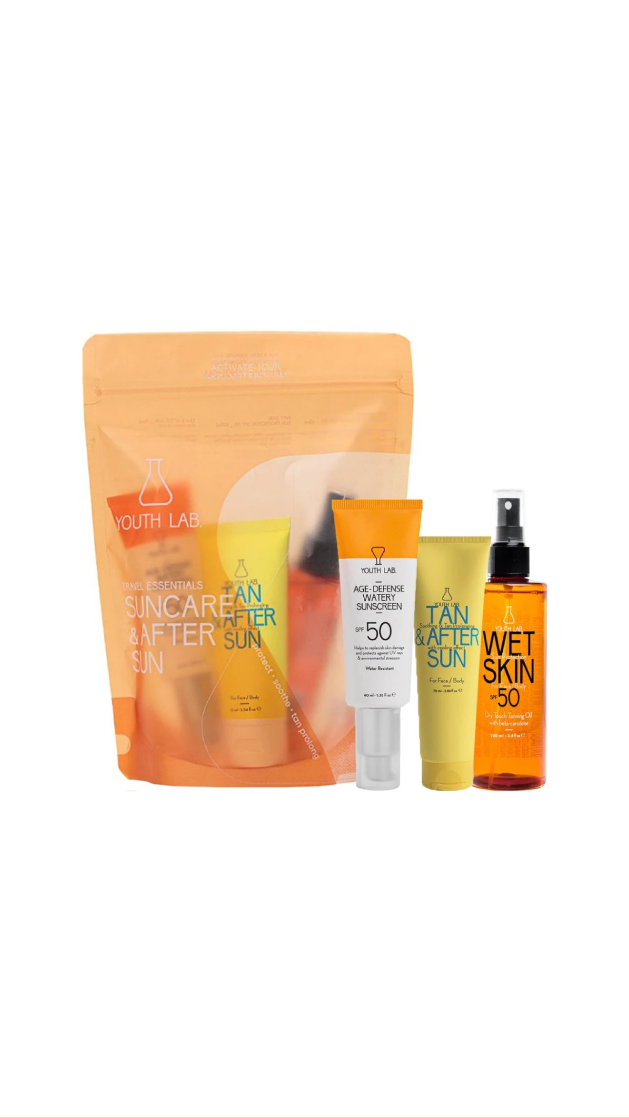 (YOUTH LAB TRAVEL ESSETIAL SUN & AFTER SUN BAG SUNSCREEN (100ml,75ml,40ml يوث لاب مجموعة السفر للعناية بالبشرة والحماية من الشمس