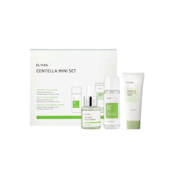 IUNIK Centella Mini Set TEA TREE Relief Toner, Serum, Gel Cream (15ml + 15ml + 25ml)  ايونيك مجموعة العناية بالبشرة