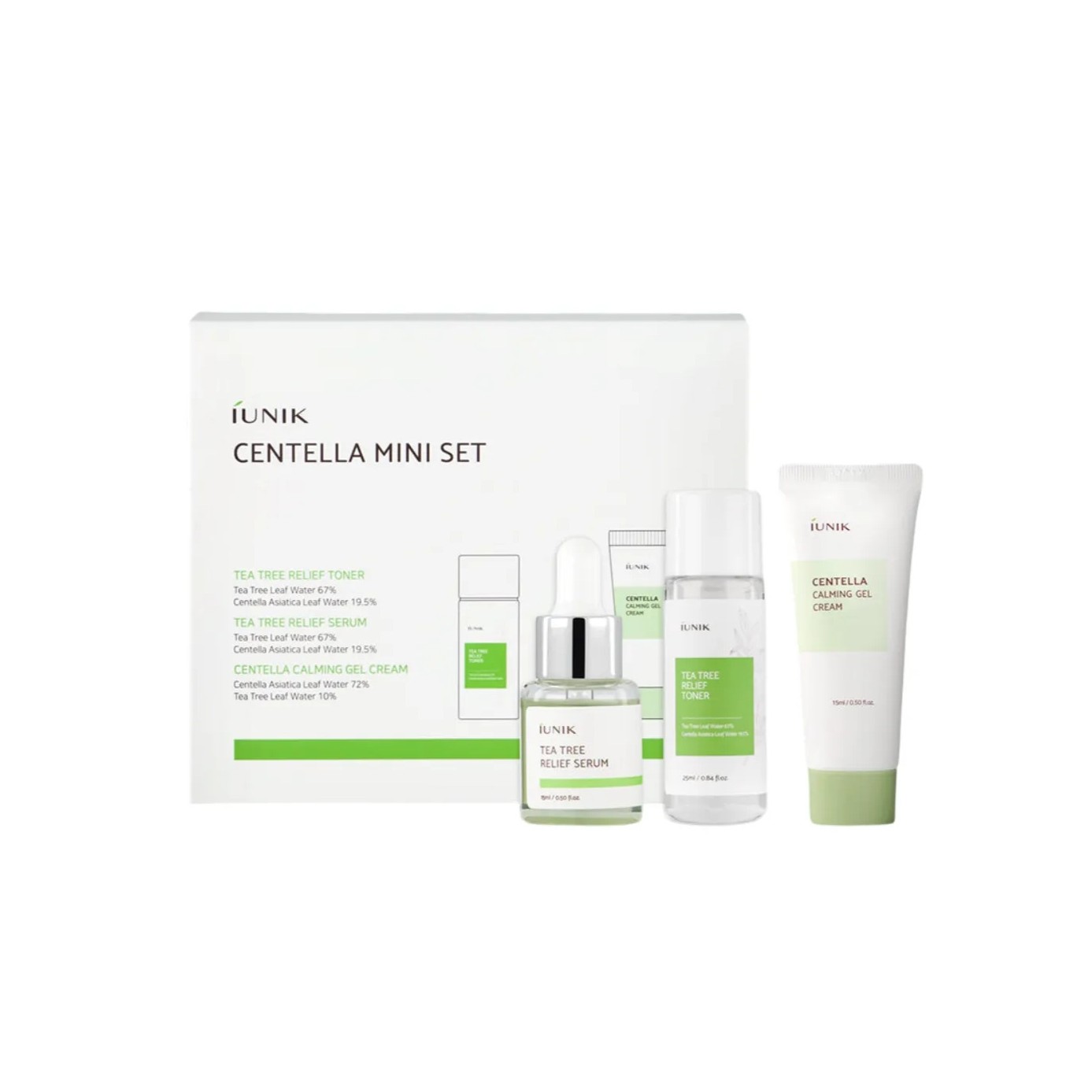IUNIK Centella Mini Set TEA TREE Relief Toner, Serum, Gel Cream (15ml + 15ml + 25ml) ايونيك مجموعة العناية بالبشرة
