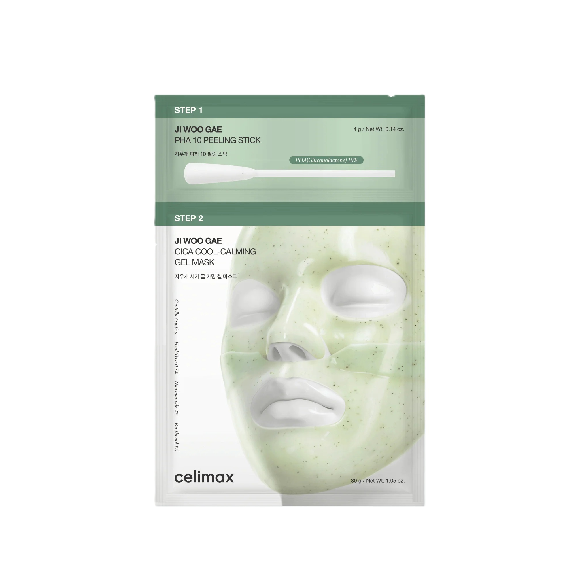 CELIMAX Ji Woo Gae Cica PHA Peel 2-Step Gel Mask 4ea (4g Peeling Stick, 30g Gel Mask) سيليماكس ماسك ورقي وستك يقشر ويرطب للبشرة
