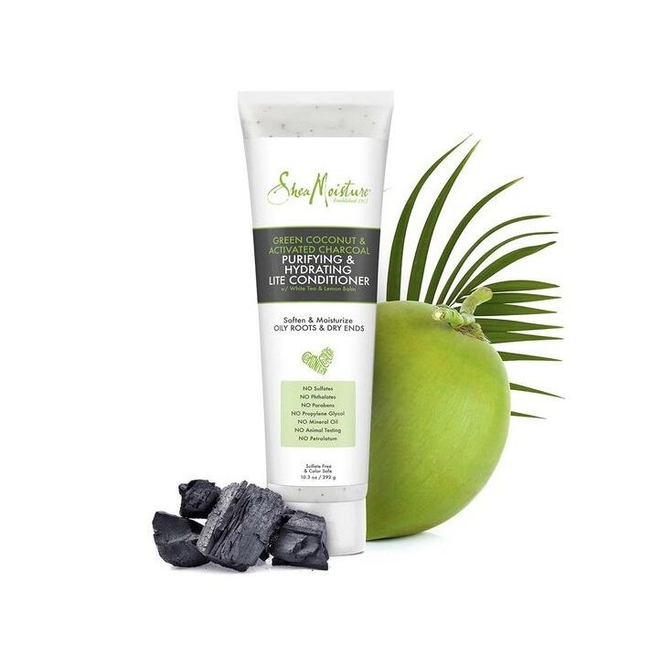 SHEA MOISTURE Green Coconut & Activated Charcoal Purifying & Hydrating Lite Conditioner With White Tea & Lemon 292g شيا مويستشر بلسم خفيف بجوز الهند يرطب الشعر، ينقيه، وينعشه دون إثقاله