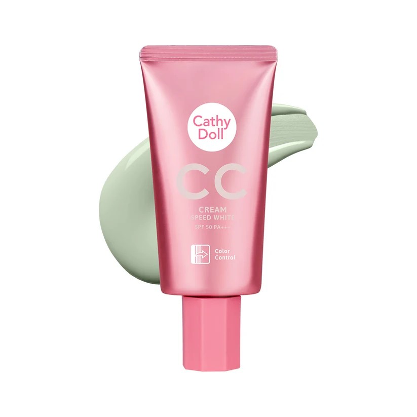CATHY DOLL CC Cream Speed White Spf50 pa+++ - 2 green كاثي دول كريم اساس لتصحيح الاحمرار، توحيد البشرة، التحكم بالزيوت، وحماية من الشمس 