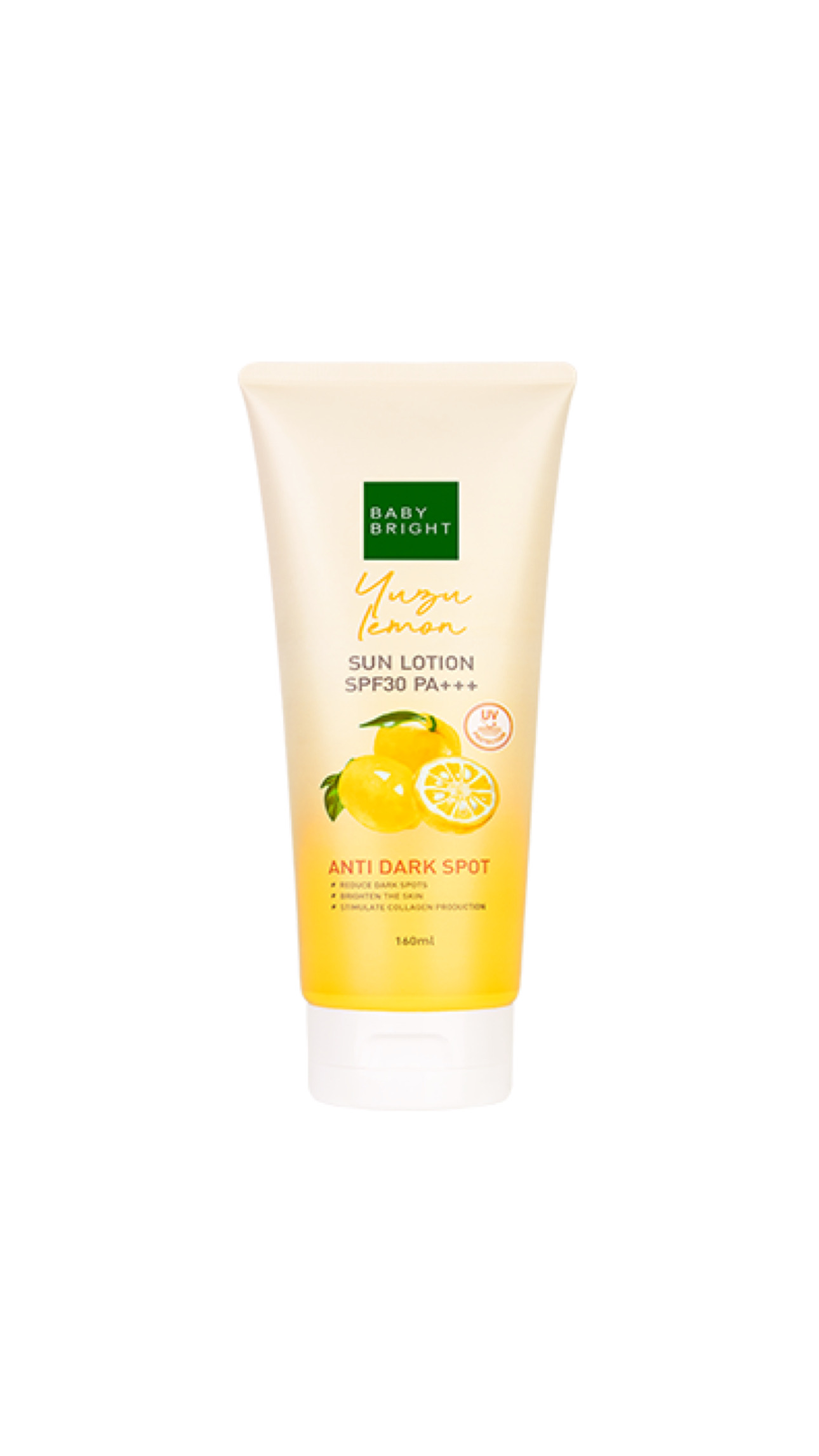 BABY BRIGHT YUZU LEMON SUN LOTION SPF30 PA+++ ANTI DARK SPOT 160ml بيبي برايت لوشن للعناية بالجسم بعامل حماية من الشمس