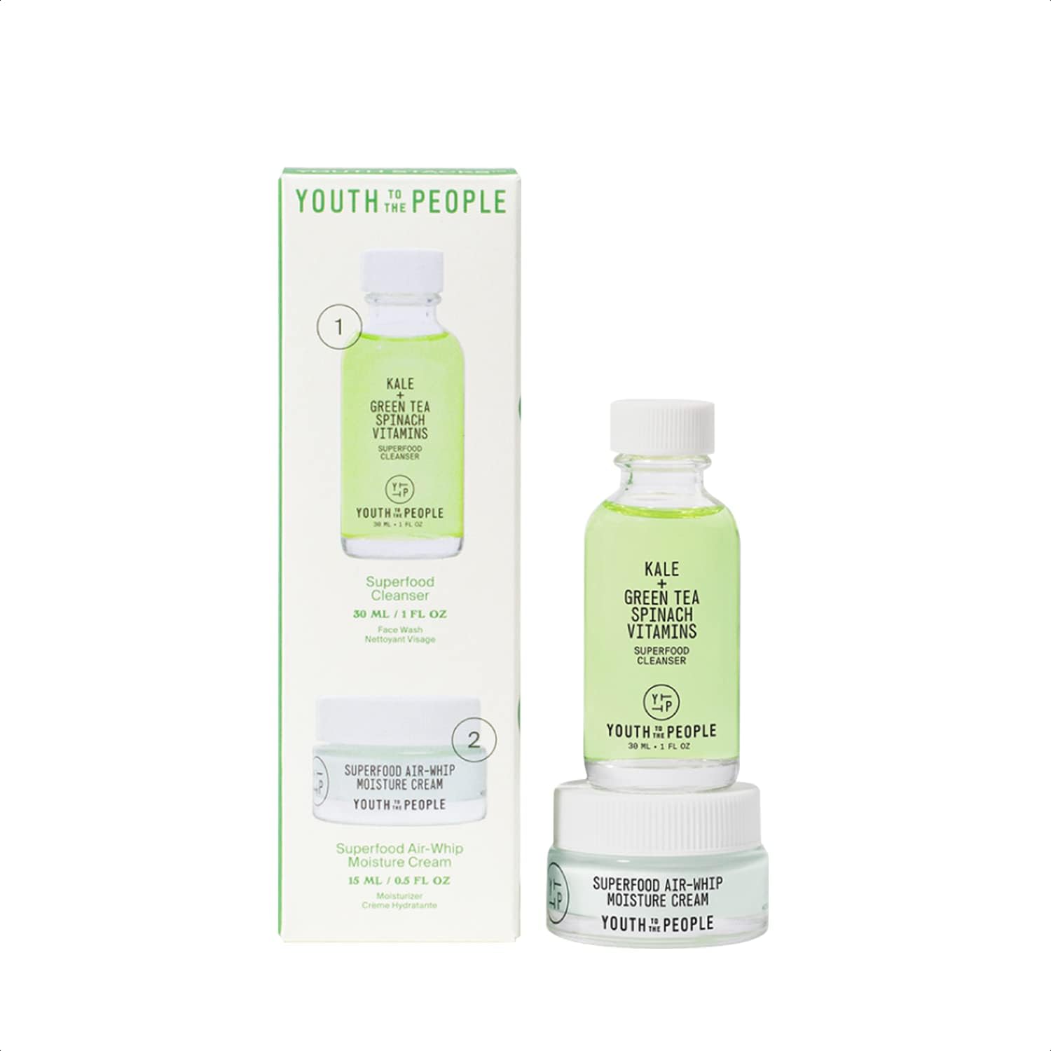 YOUTH TO THE PEOPLE Superfood Cleanser 30ml + Superfood Air-whip Moisture Cream 15ml يوث تو ذا بيبول مجموعة ثنائية للعناية بالبشرة أثناء التنقل