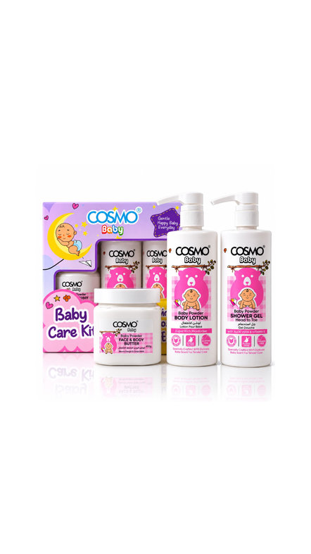 COSMO BODY CARE KIT SHOWER GEL 500ml , BODY LOTION 500ml , BODY BUTTER 450g كوزمو بگج الاستحمام للعناية بالطفل