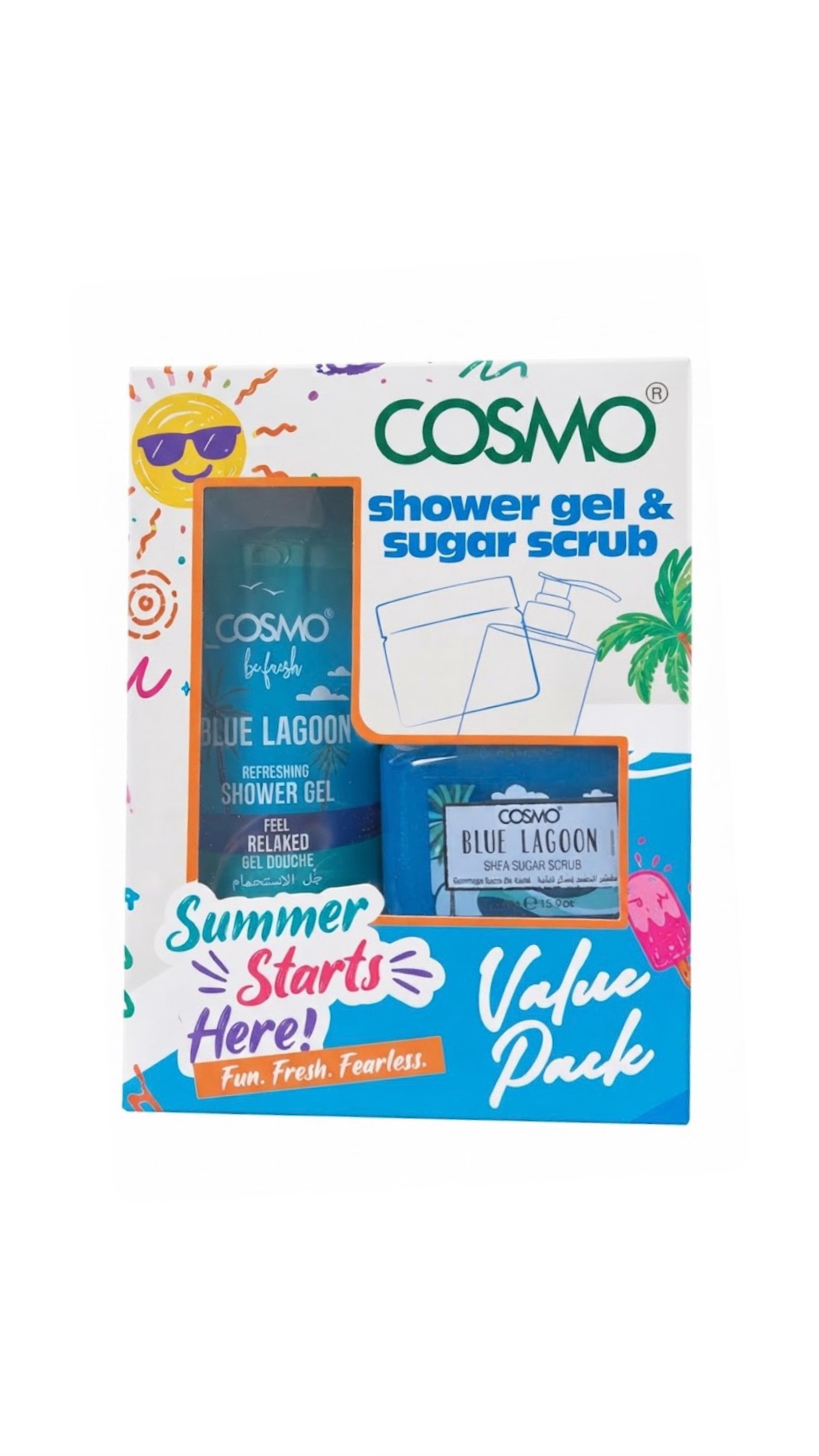 COSMO BLUE LAGOON SHOWER GEL & SUGAR SCRUB VALUE PACK 500ml ،250g كوزمو بگج الاستحمام للجسم 