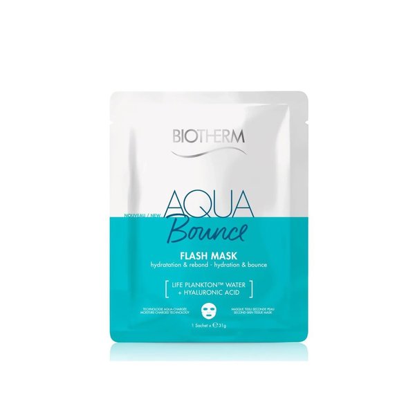 BIOTHERM Aqua Bounce Flash Mask Hyaluronic Acid moisturizing for all skin types 31g  بايوثيرم ماسك ورقي يمنح البشرة ترطيبًا مكثفًا وعميقًا غني بحمض الهيالورونيك
