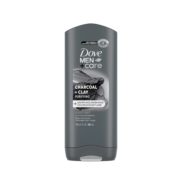DOVE MEN + CARE Purifying Body and Face Wash 532ml - Charcoal + Clay دوف غسول للجسم منعش غني بالفحم والطين ينظف بعمق ويزيل الأوساخ والشوائب