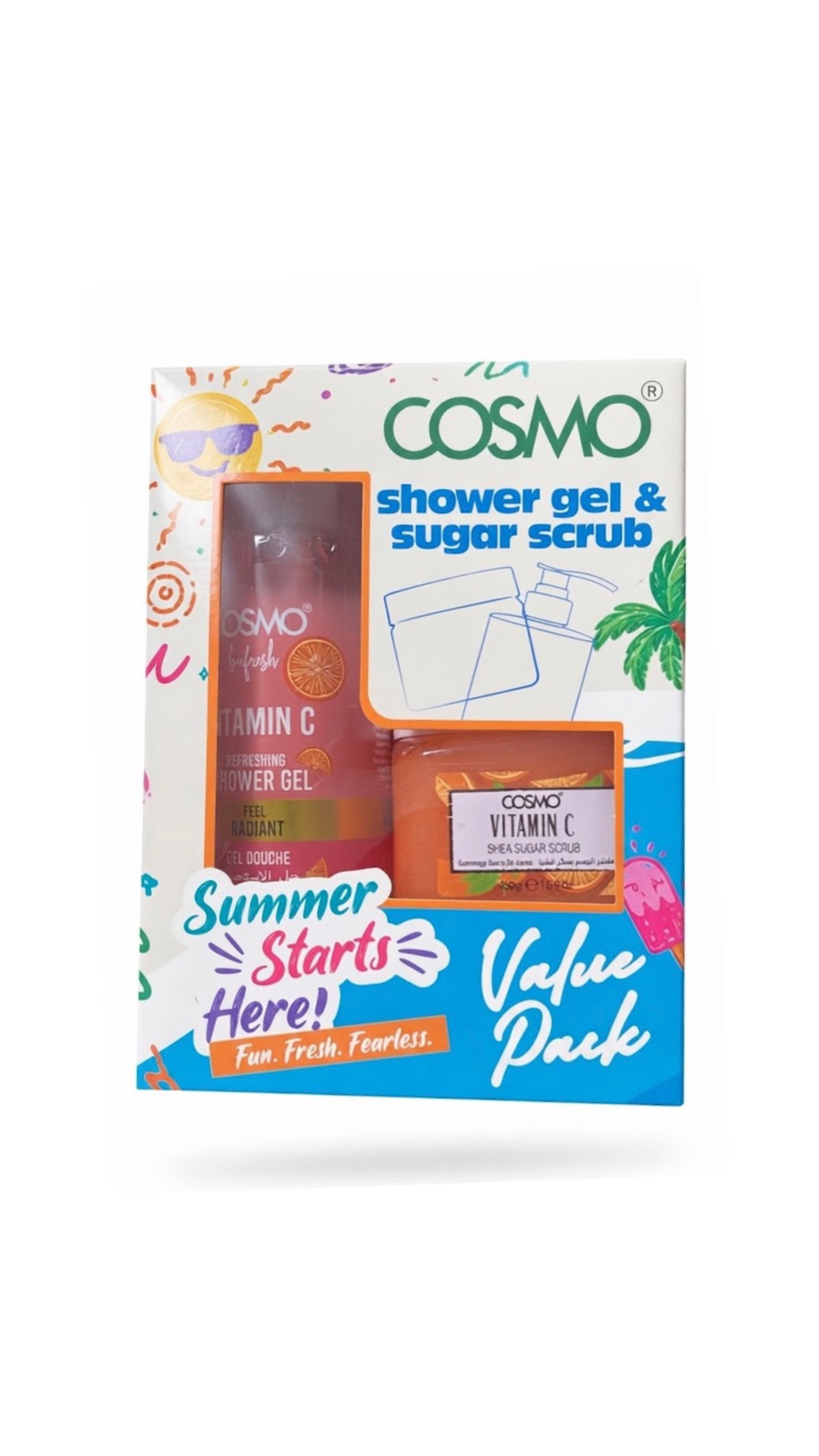 COSMO SHOWER GEL & SUGAR SCRUB VITAMIN C 500ml،450g كوزمو بگج استحمام للجسم