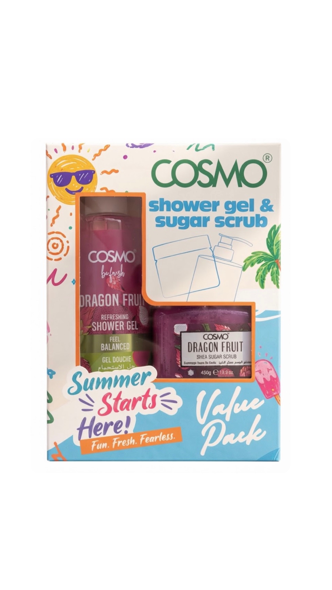 COSMO SHOWER GEL & SUGAR SCRUB DRAGON FRUIT 500ml,450g كوزمو مجموعة الصيف للعناية بالجسم