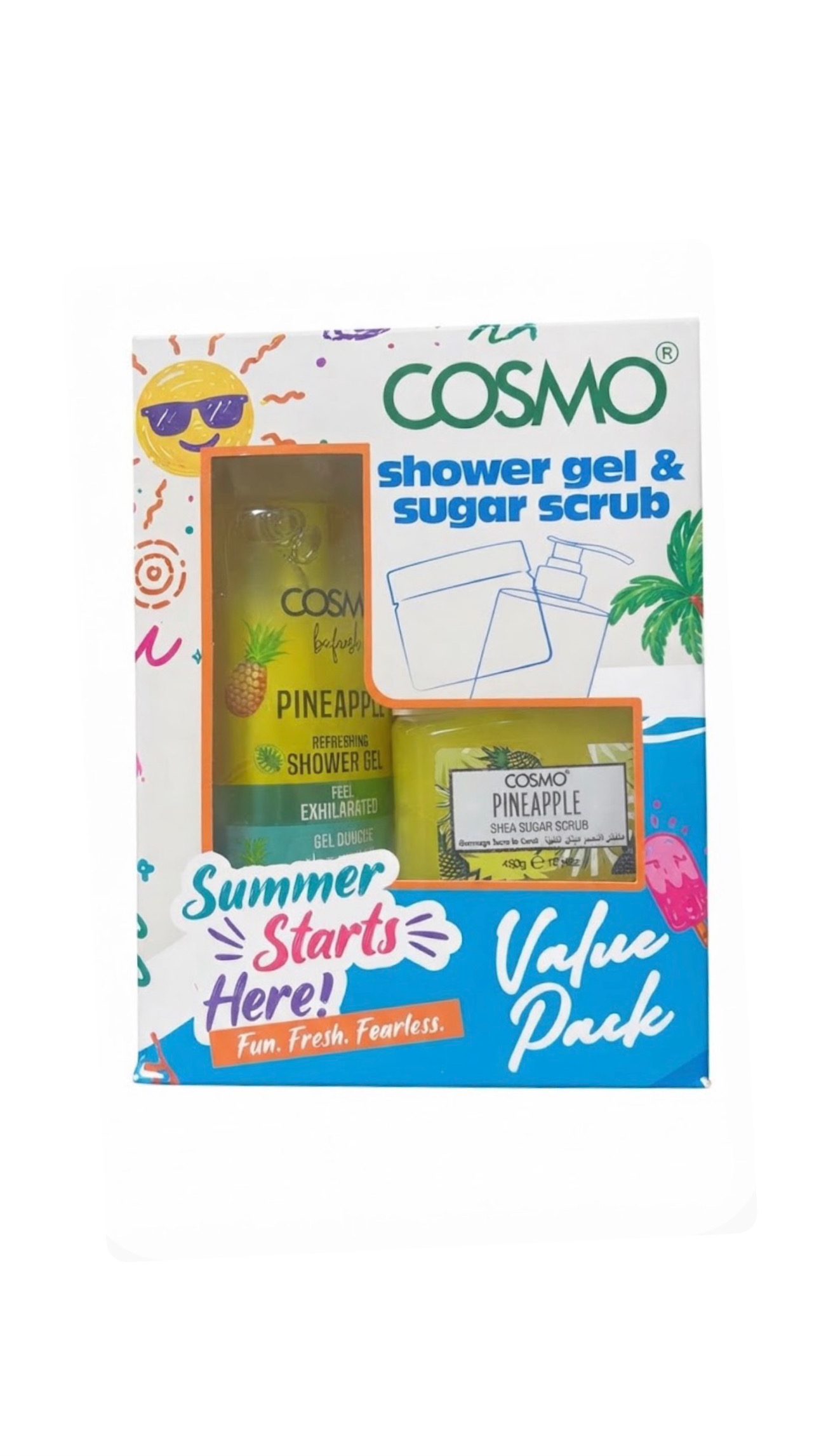 COSMO SHOWER GEL & SUGAR SCRUB PINEAPPLE 500ml،450g كوزمو بگج استحمام للجسم برائحة الاناناس المنعشة
