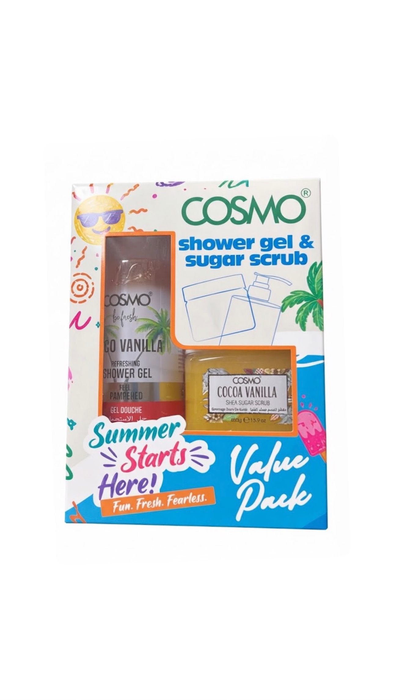 COSMO SHOWER GEL & SUGAR SCRUB COCOA VANILLA 500ml،450g كوزمو مجموعة العناية بالجسم
